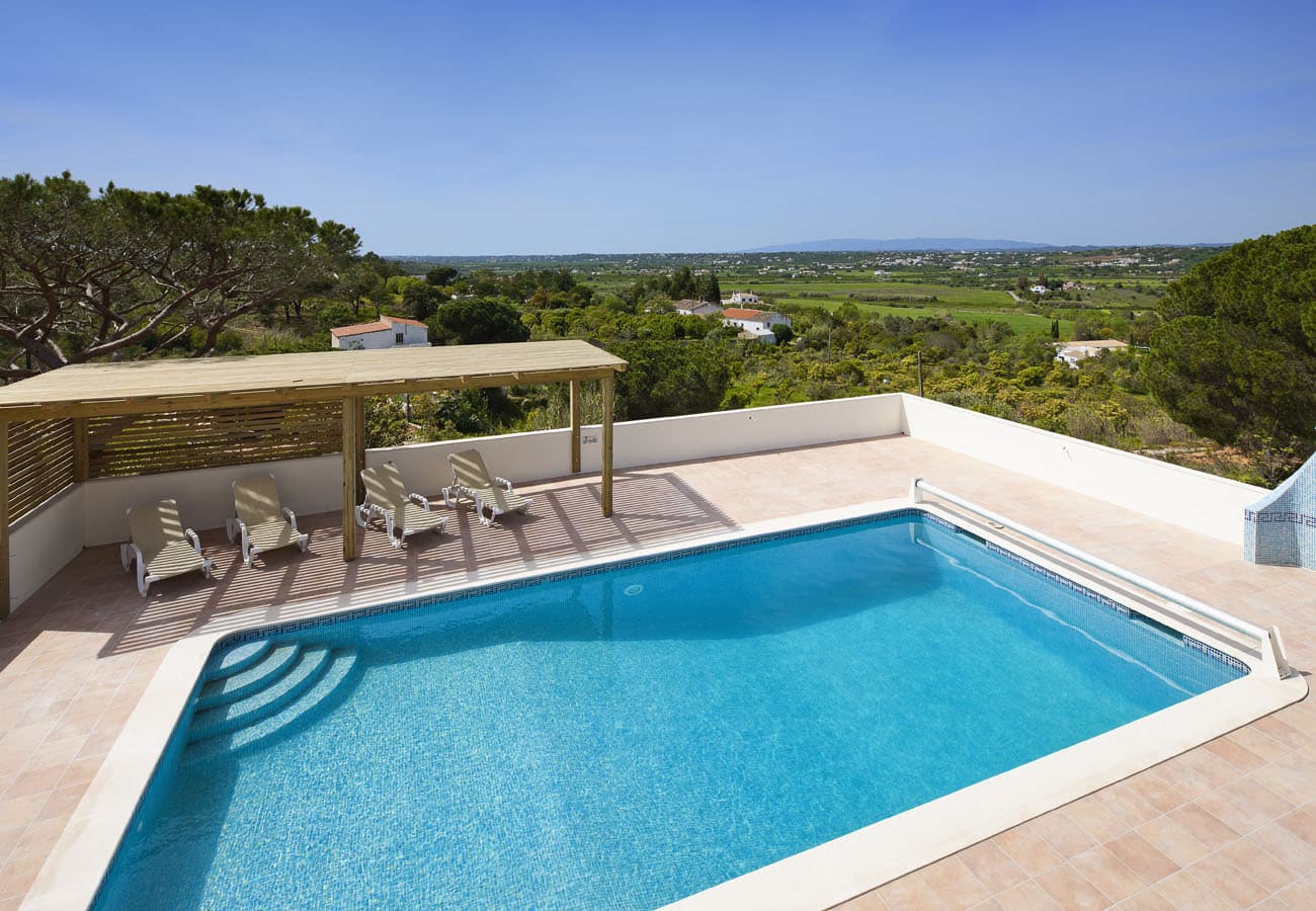 Privé zwembad met ligstoelen